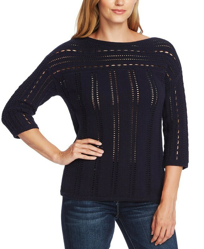 Vince Camuto Cotton Open-Stitch Boat-Neck Sweater