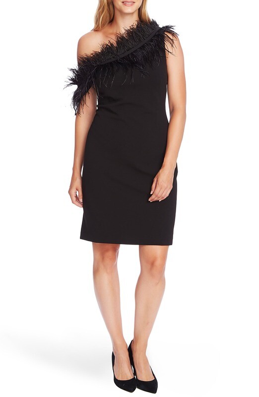 Vince Camuto One-Shoulder Feather Trim Cocktail Dress