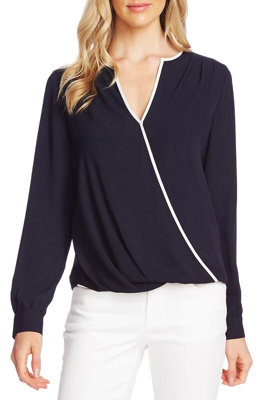 Vince Camuto Contrast-Trim Wrap-Front Blouse