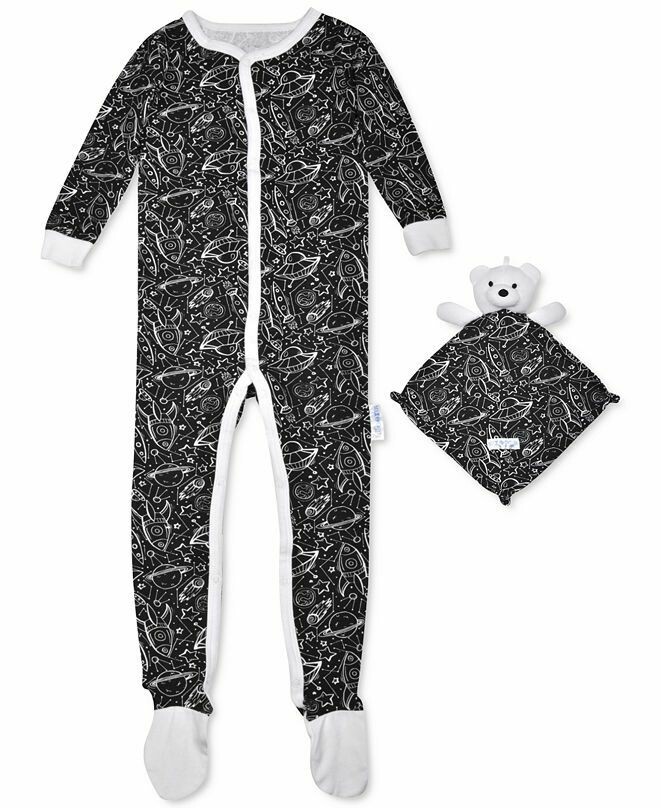 Max & Olivia Baby Boys 2-Pc. Space-Print Footie Pajama & Bear Blankie Buddy Set