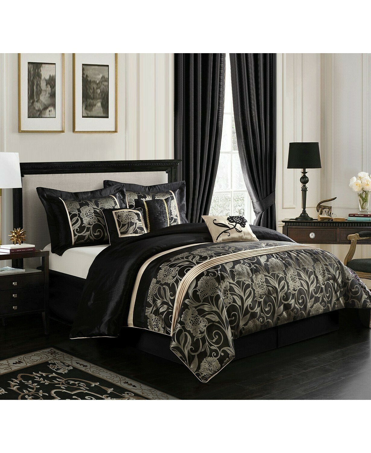 Mollybee 7-Piece Comforter Set, Black, Queen Bedding