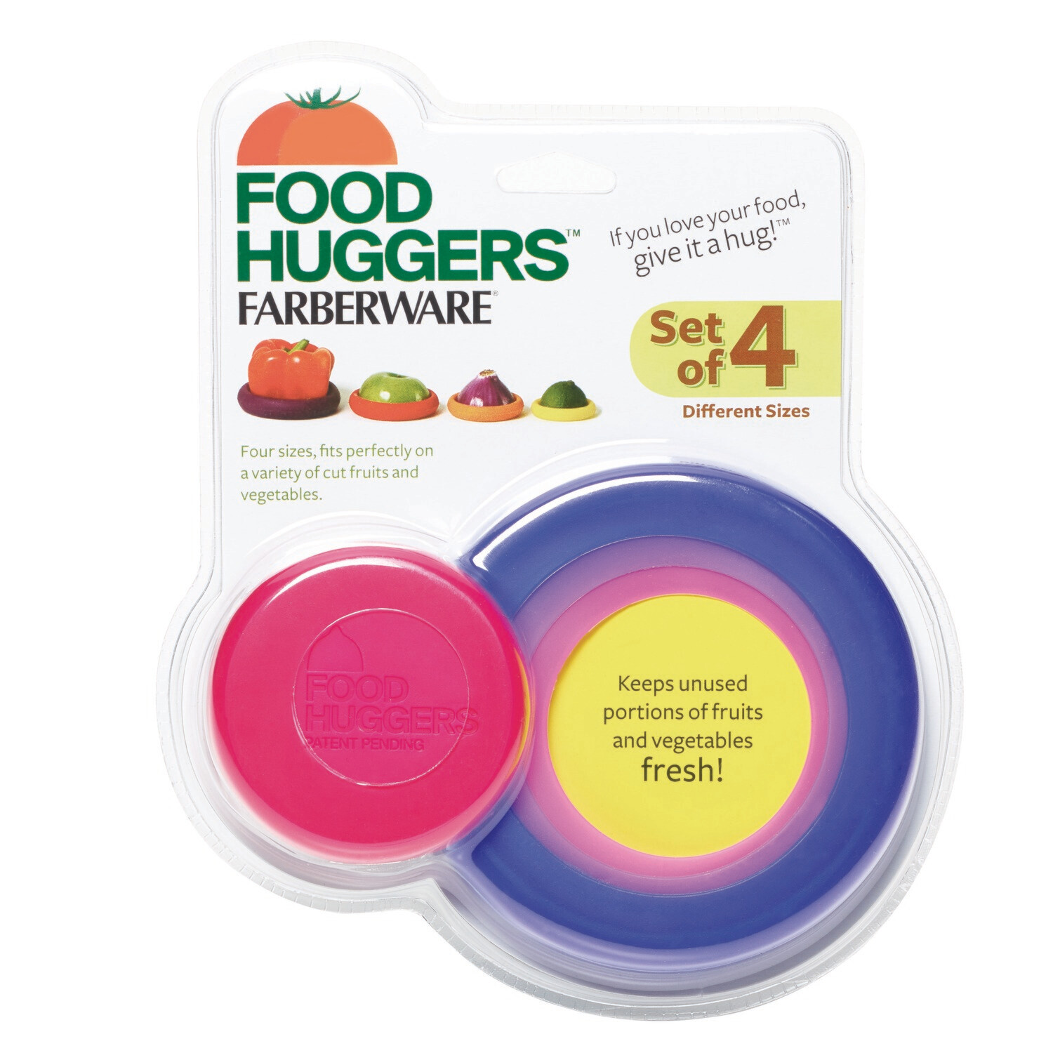 Food Huggers Set of 4 fit perfectly on a variety of cut fruits and vegetables 