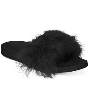 Inc Women's Faux-Marabou Slide Slippers, Black - (L)