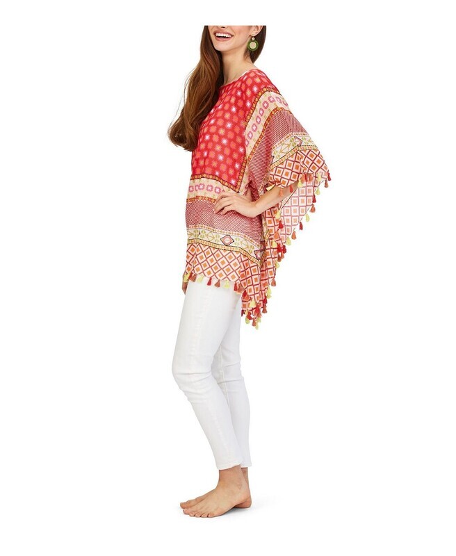 Two&#39;s Company Jaclyn Pixel Pattern Poncho with Hand Stitched Embroidery and Tassels