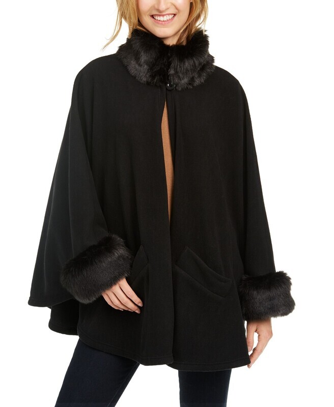 Cejon Lux Fleece Cape with Faux-Fur Trim, Black  S/M