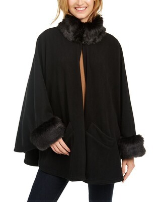 Cejon Lux Fleece Cape with Faux-Fur Trim, Black S/M