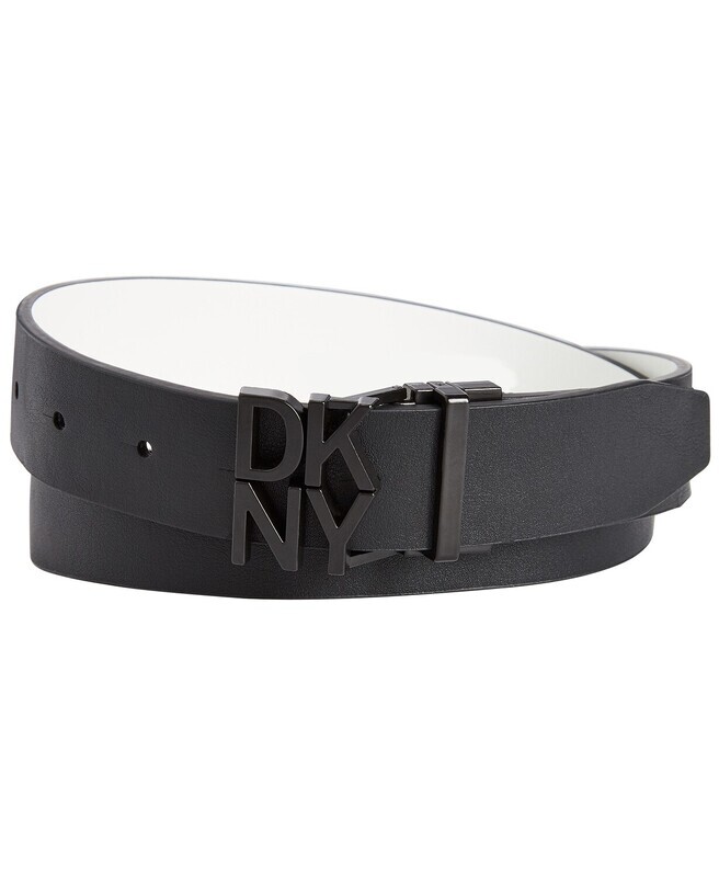 DKNY Women&#39;s 32mm Faux Leather Reversible Pant Belt with Logo White Medium