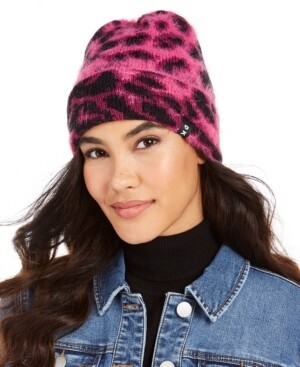 Dkny Fuzzy Animal Print Beanie Hat