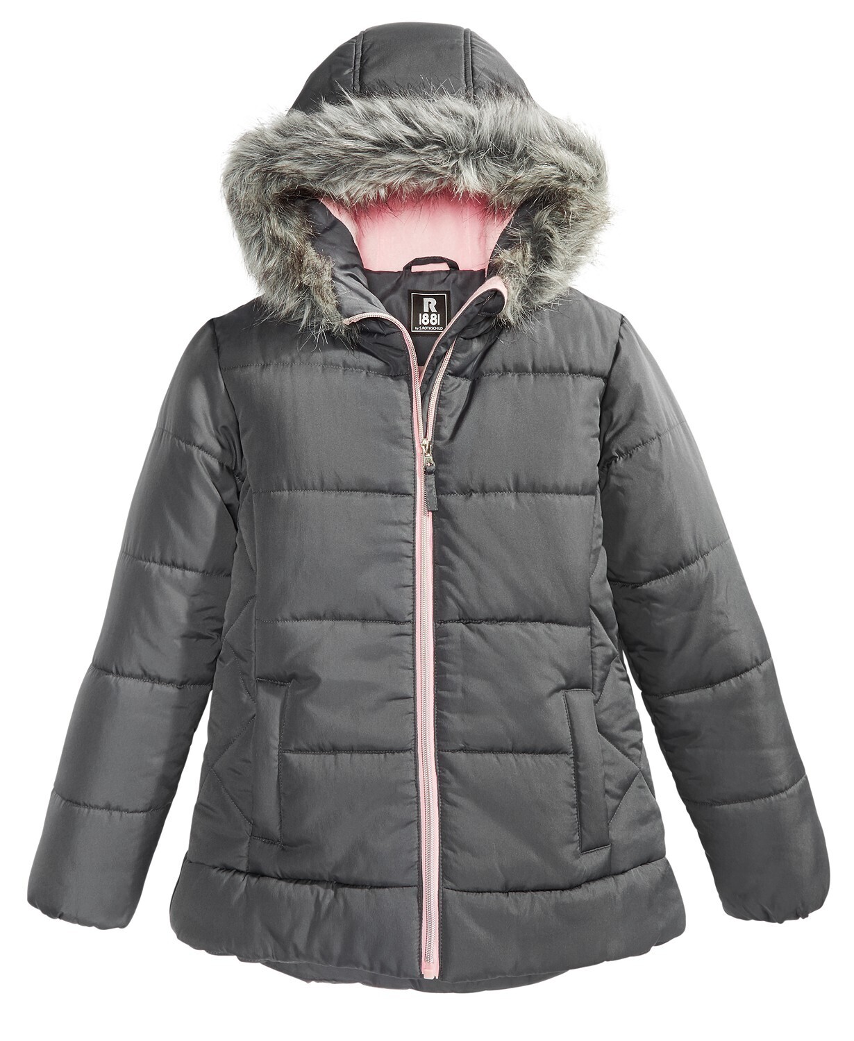 S Rothschild &amp; Co Big Girls Hooded Quilted Jacket with Faux-Fur Trim - Charcoal (M)