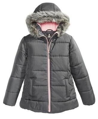 S Rothschild & Co Big Girls Hooded Quilted Jacket with Faux-Fur Trim - Charcoal (M)