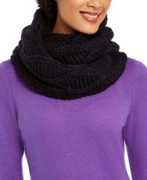 International Concepts Cable-Knit Shine Loop Scarf Faux Sherpa Lining Black