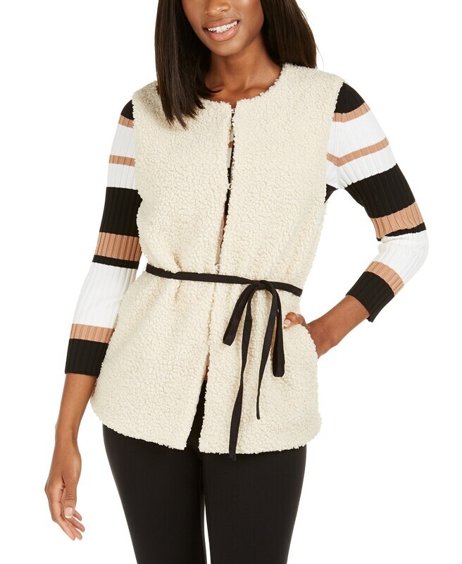 International Concepts Faux-Shearling Duster with Sueded Belt, Ivory - S/M