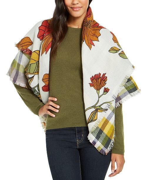 Vince Camuto Plaid to Floral Double Face Wrap Forest