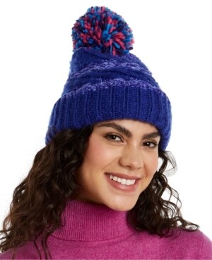 International Concepts Women's Chenille Striped Multi-Pom Beanie Hat - Cobalt Blue