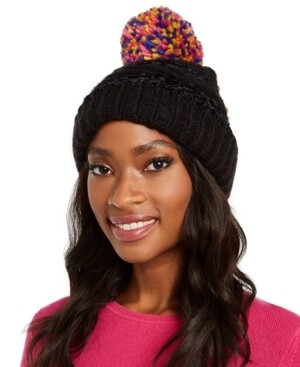 International Concepts Women Chenille Striped Multi-Pom Beanie Hat Black 