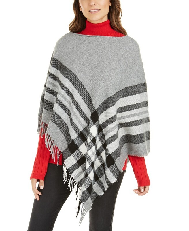 V. Fraas Plaid Brushed Poncho, Grey