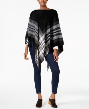 V. Fraas Plaid Brushed Fringe Soft Acrylic Poncho, Black