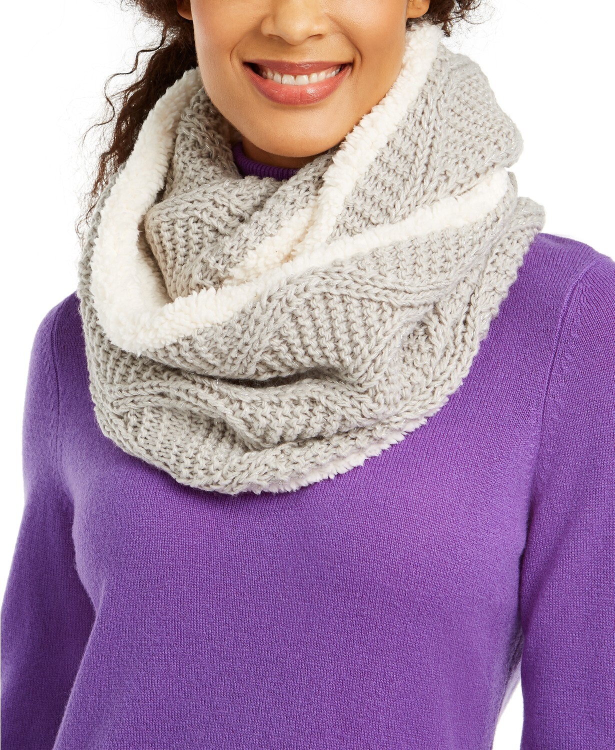 International Concepts Cable-Knit Shine Loop Scarf Faux Sherpa Lining - Grey