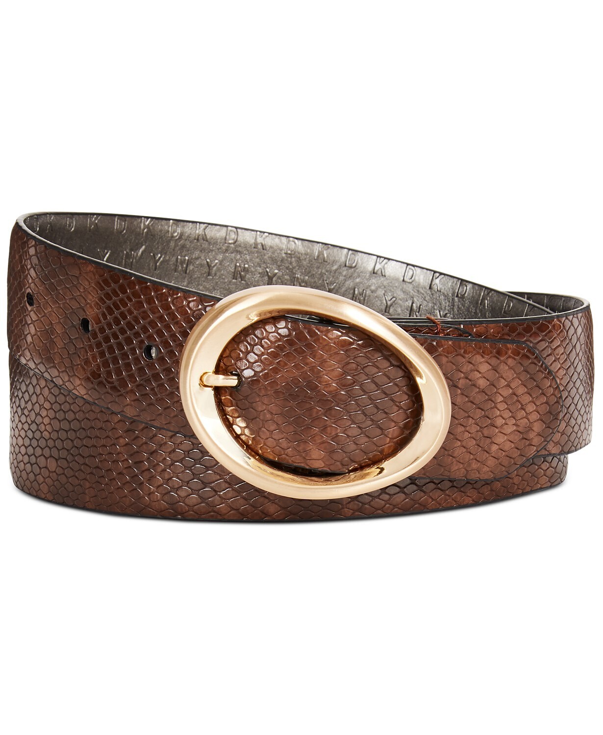 DKNY Women's Snake-Embossed Belt with Oval Buckle Belt, Brown, L