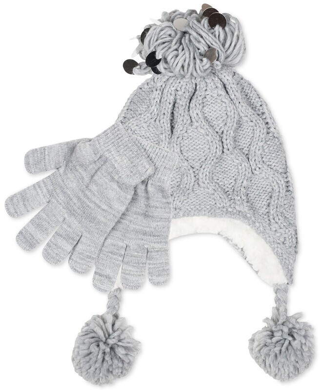 Fab Big Girls 2-Pc. Heidi Sequined Popcorn-Knit Hat &amp; Gloves Set - Grey