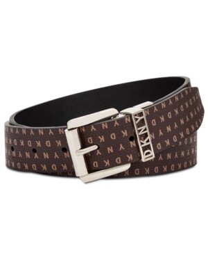 Dkny Reversible Smooth to Logo Print Belt - Black/Chocolate/Silver - L
