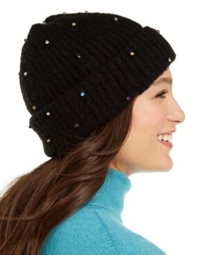 International Concepts Allover Gemstone Beanie Knit Hat, Black