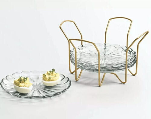 Martha Stewart Collection Set of 4 Appetizer Plates with Gold Caddy,