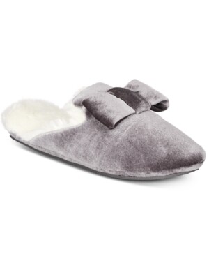 Charter Club Women's Velvet Bow Fur Memory Foam Slippers, Gray, M (7-8)