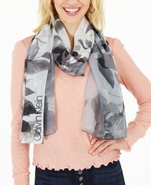 Calvin Klein Women&#39;s Ombre Floral Watercolor Scarf, Gray, One Size