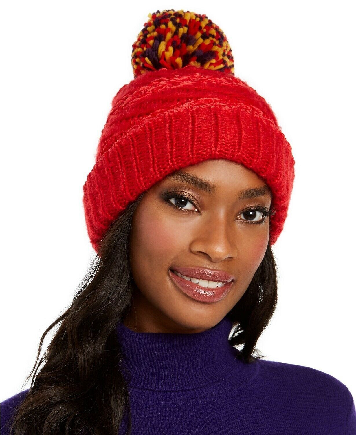 International Concepts Women's Chenille Striped Multi-Pom Beanie Hat Red