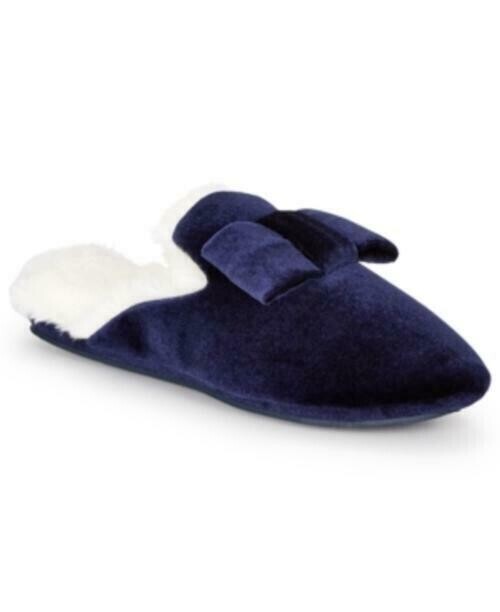 Charter Club Women&#39;s Velvet Bow Slippers with Faux Fur, Dark Blue - S (5/6)
