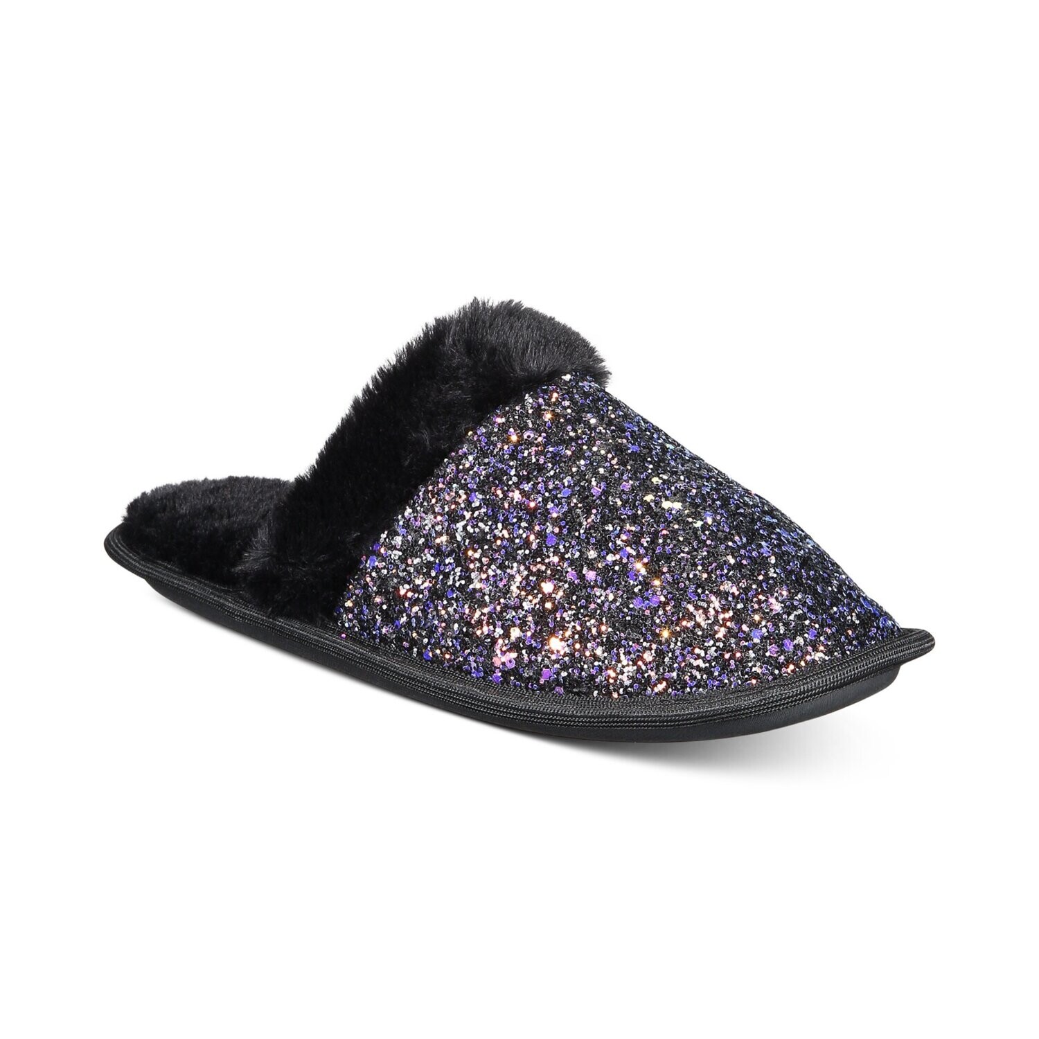 Jenni Women's Glitter Slippers with Faux-Fur Trim, Black, S (5-6)