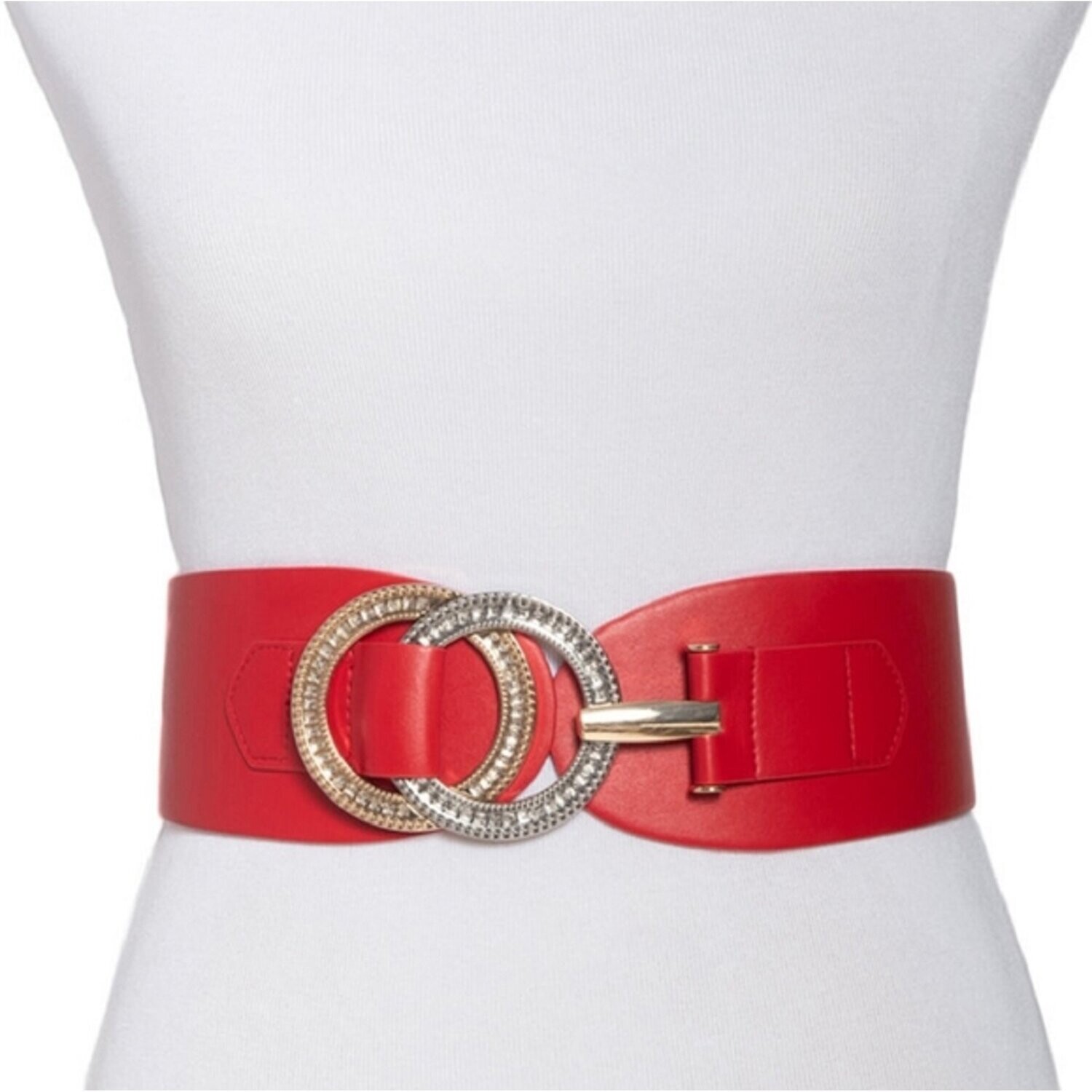 International Concepts Double-Ring Rhinestone Interlock Leather Stretch Belt, Red S/M