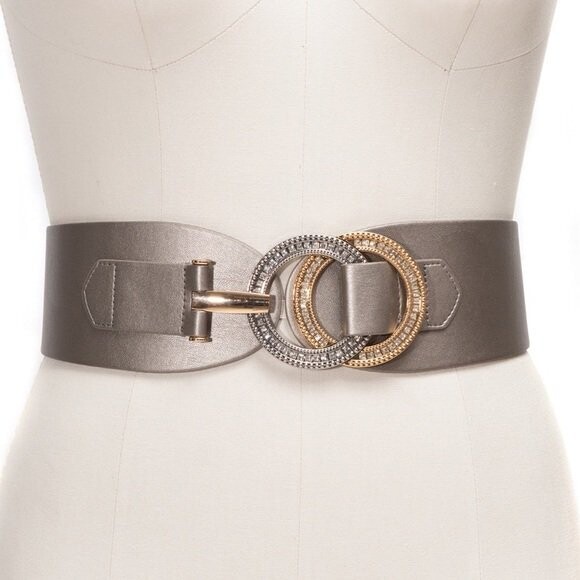 International Concepts Double-Ring Rhinestone Leather Stretch Belt, Pewter, M/L