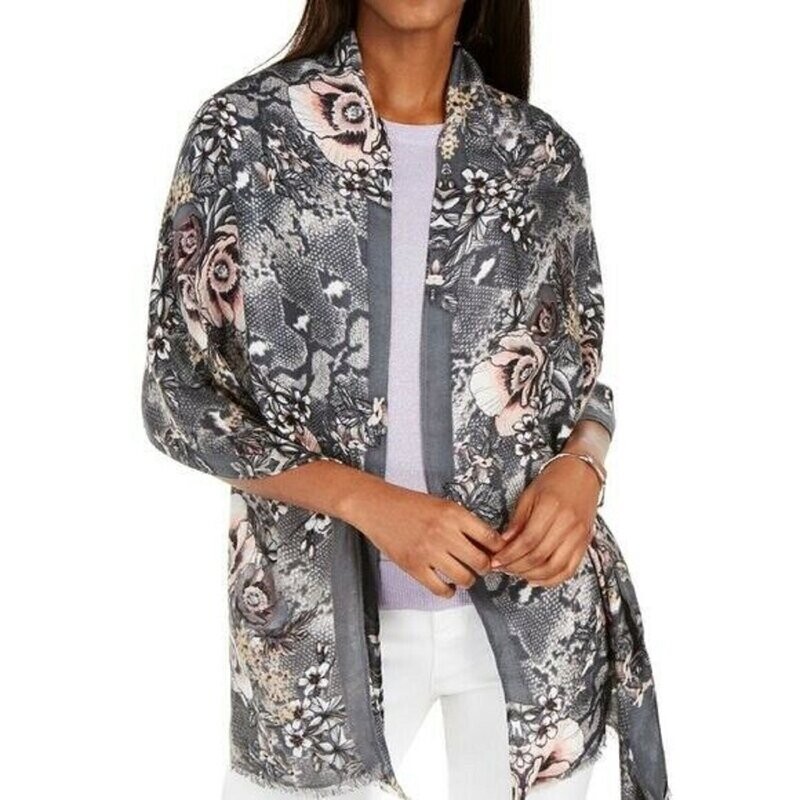 International Concepts Women&#39;s Print Garden Flowers Scarf Wrap Pashmina Grey