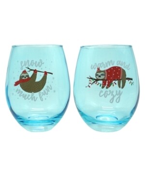 Tmd Holdings Sloth Warm and Cozy Set of 2, 22oz Stemless Wine Glasses - Blue