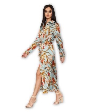 Ax Paris Duck Egg Printed Long Sleeve Shirt Dress - Size 12