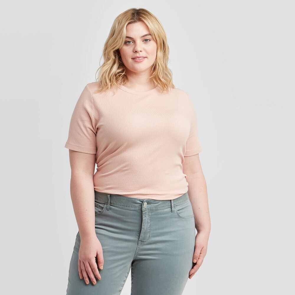 Women's Plus Size Short Sleeve Ribbed T-Shirt - Ava & Viv Blush Pink 2X