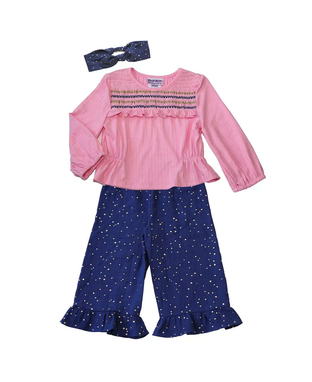 Toddler Girls Smocked Rib Top and Gauze Polka Dot Pants Headband, 3 Piece Set