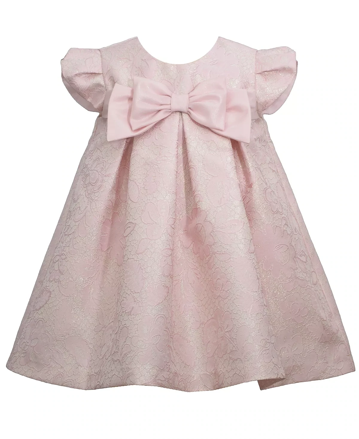 Bonnie Baby Girls Short Sleeved Bow Tie Jacquard Pleated Float Dress with Panty, Size 3/9 Months