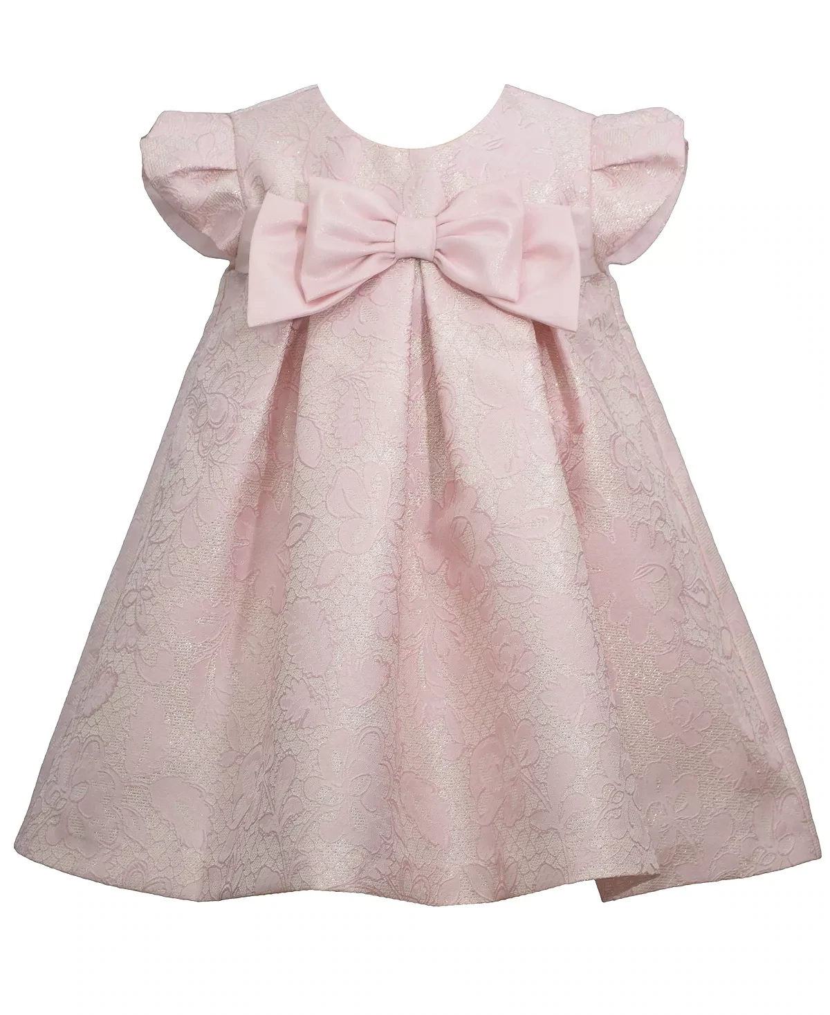 Bonnie Baby Girls Short Sleeved Bow Tie Jacquard Pleated Float Dress with Panty, Size 6/9 Months