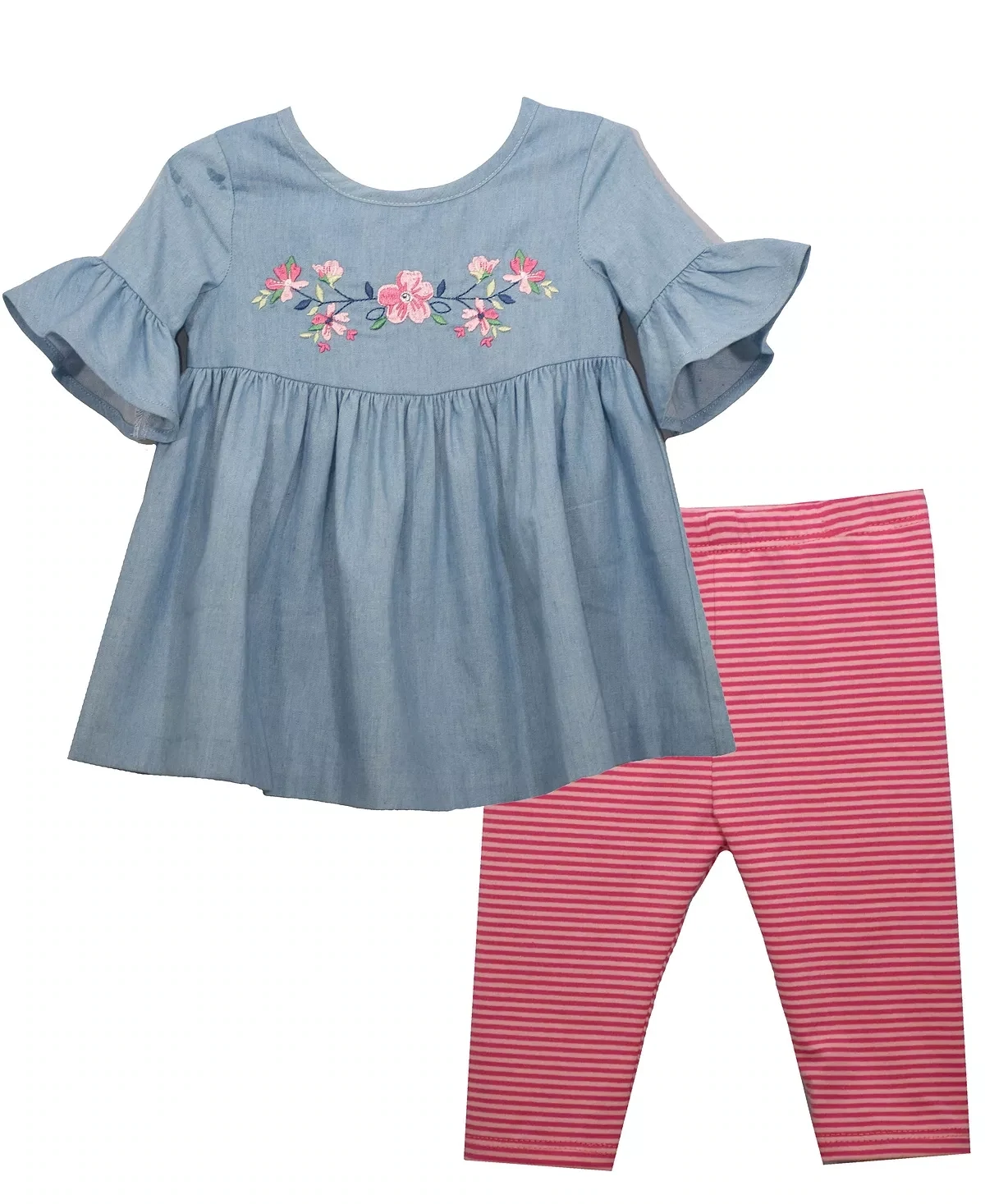 Baby Girls Three Quarter Bell Sleeved Top with Striped Capri Pants, 2 Piece Set - Chambray, Size 3/6 Months