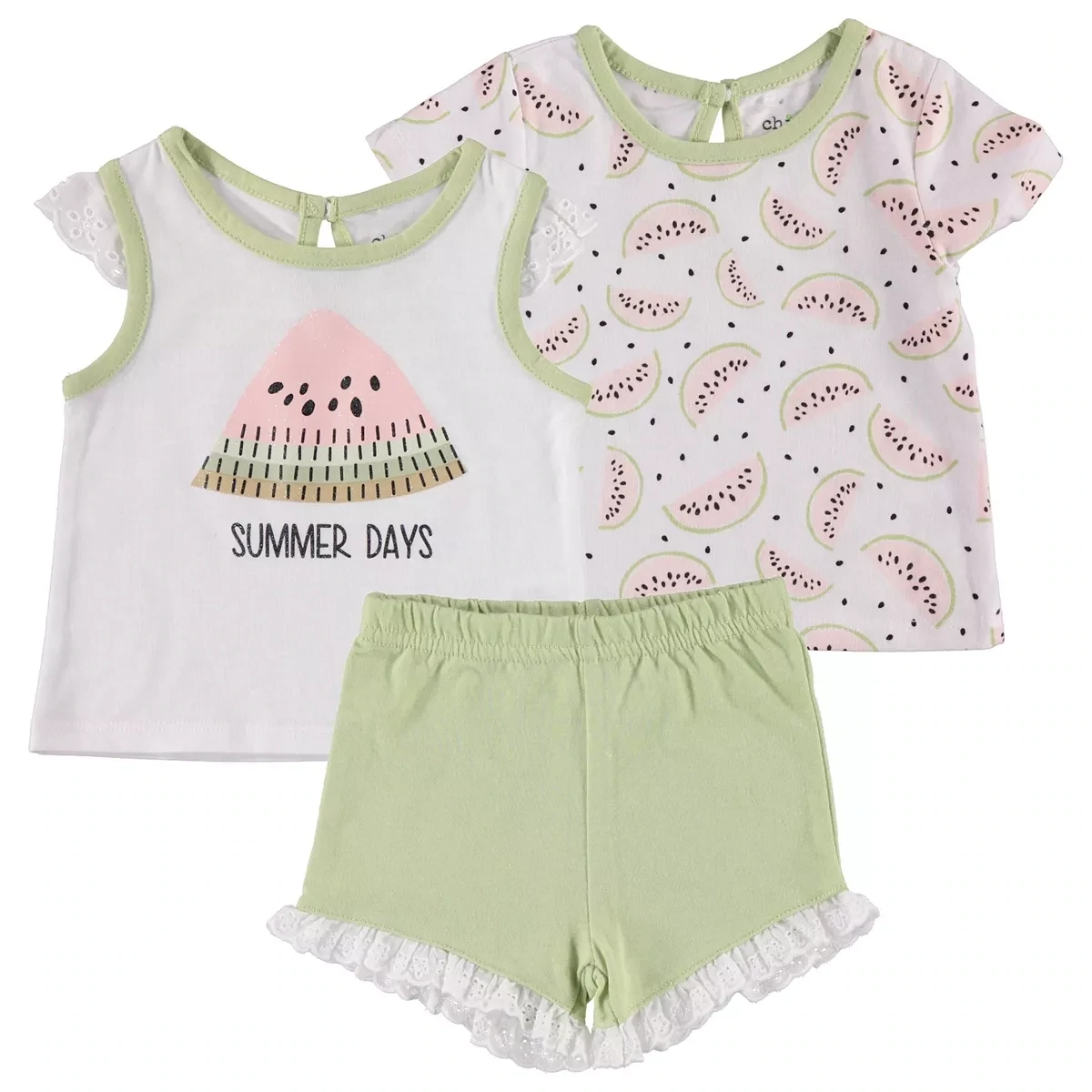 Chickpea Baby Girls Tops and Shorts, 3 Piece Set - Green, Size 12 Months