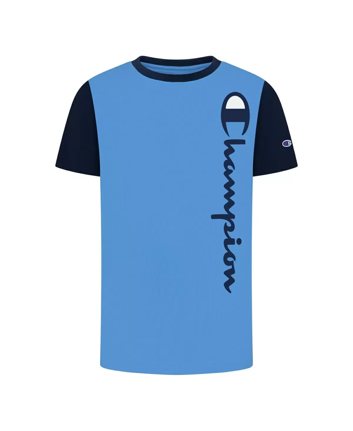 Champion Big Boys Vertical Script Blocked Short Sleeve Tee - Swiss Blue, Navy - Size Small
