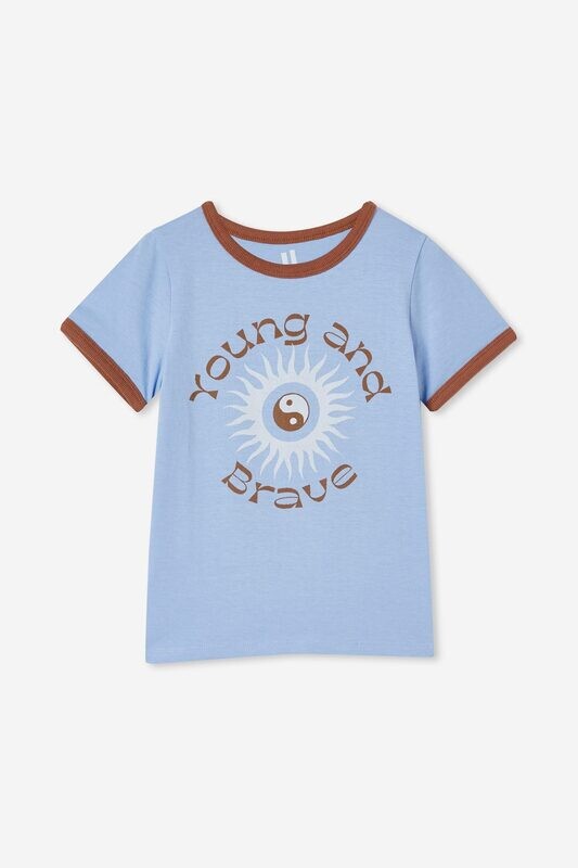 Cotton on Kids Max Short Sleeve Ringer Tee, Dusk Blue Coco Jumbo Young &amp; Brave - Size 4