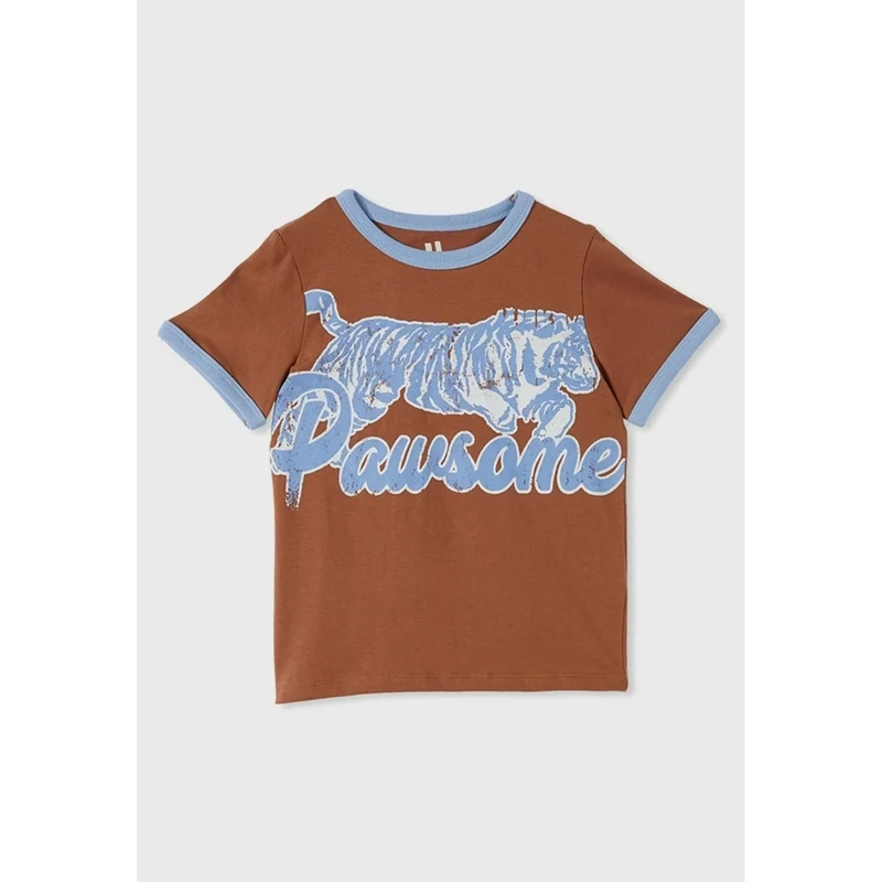 Cotton on Kids Max Short Sleeve Ringer Tee, Coco Jumbo Dusk Blue Pawsome - Size 4