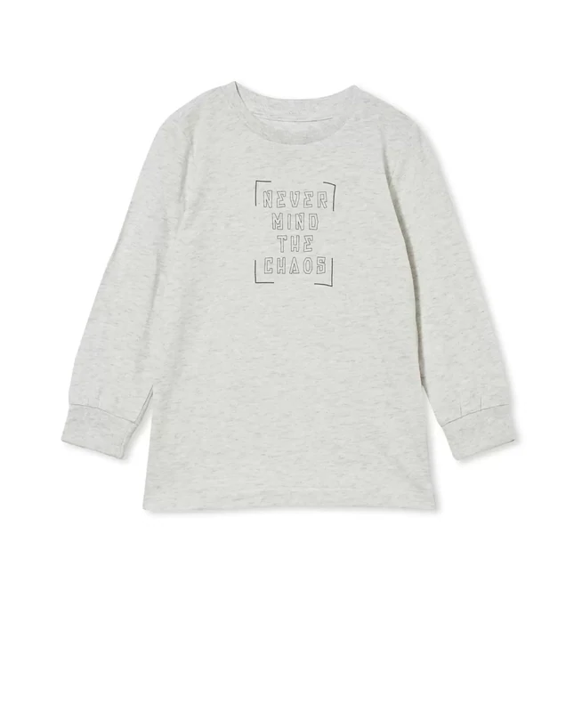 Cotton On Kids Little Boys Max Long Sleeve T-shirt - Summer Gray Marle, Nevermind the Chaos - Size 4