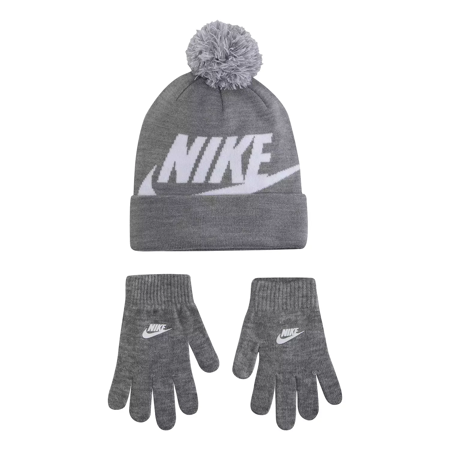 Nike Kids&#39; Swoosh Pom Beanie Hat and Glove Set Shoes (Dark Grey Heather) - Size 0.0