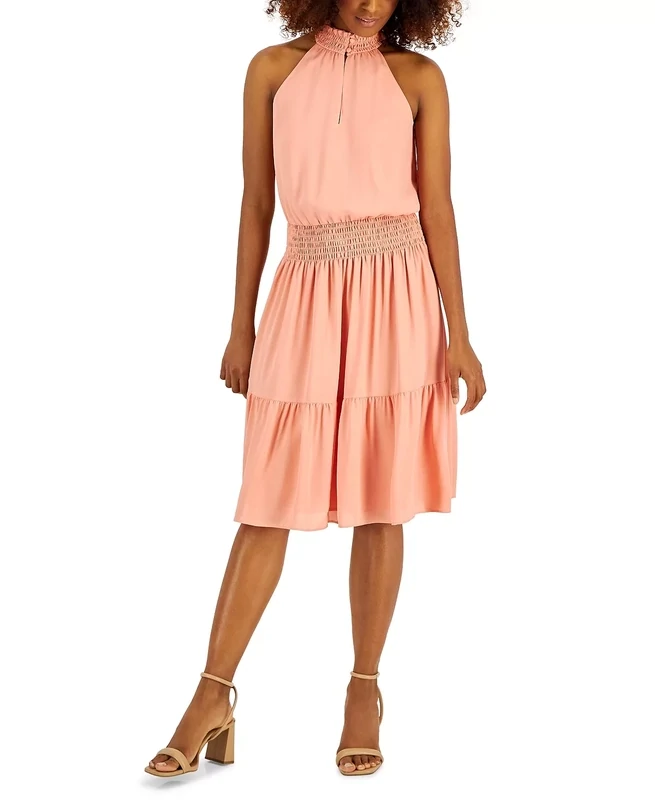 International Concepts Women&#39;s Smocked-Waist Halter-Style Sleeveless Dress, Peach Parfait - Size X-Large