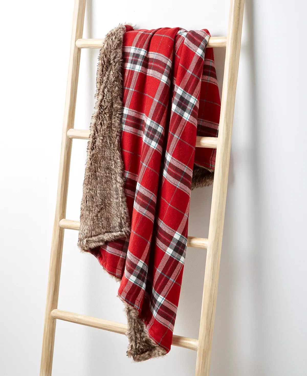 Martha Stewart Collection Plaid Flannel Reverse to Faux Fur Throw, 50 X 60, Red
